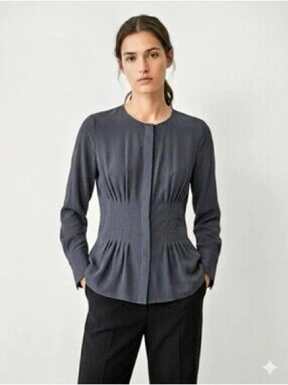 EUC Club Monaco Navy 100% Silk Blouse Size S